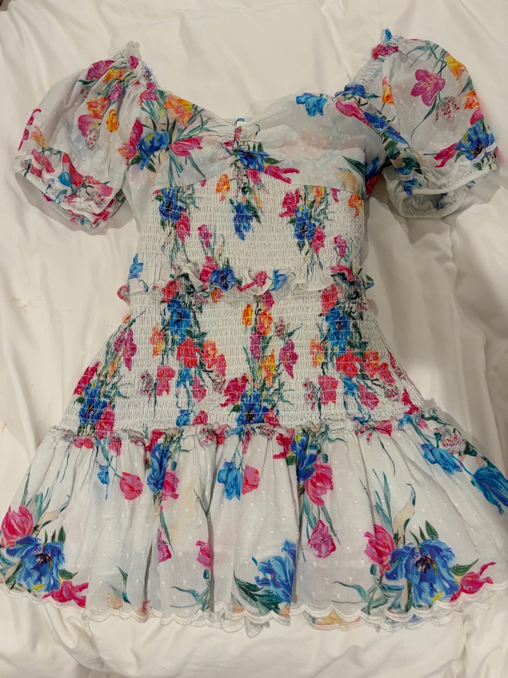 LoveShackFancy Mini Dress in White with Pink & Blue Floral Print